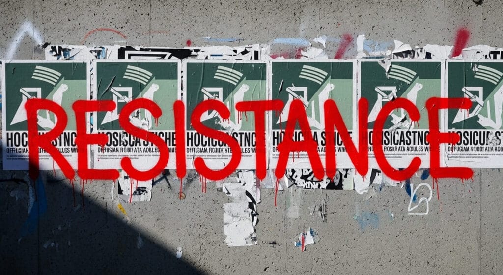 Graffiti con la palabra "Resistencia" sobre carteles de propaganda