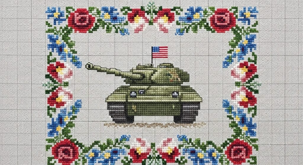 Bordado que muestra un tanque estadounidense rodeado de flores 