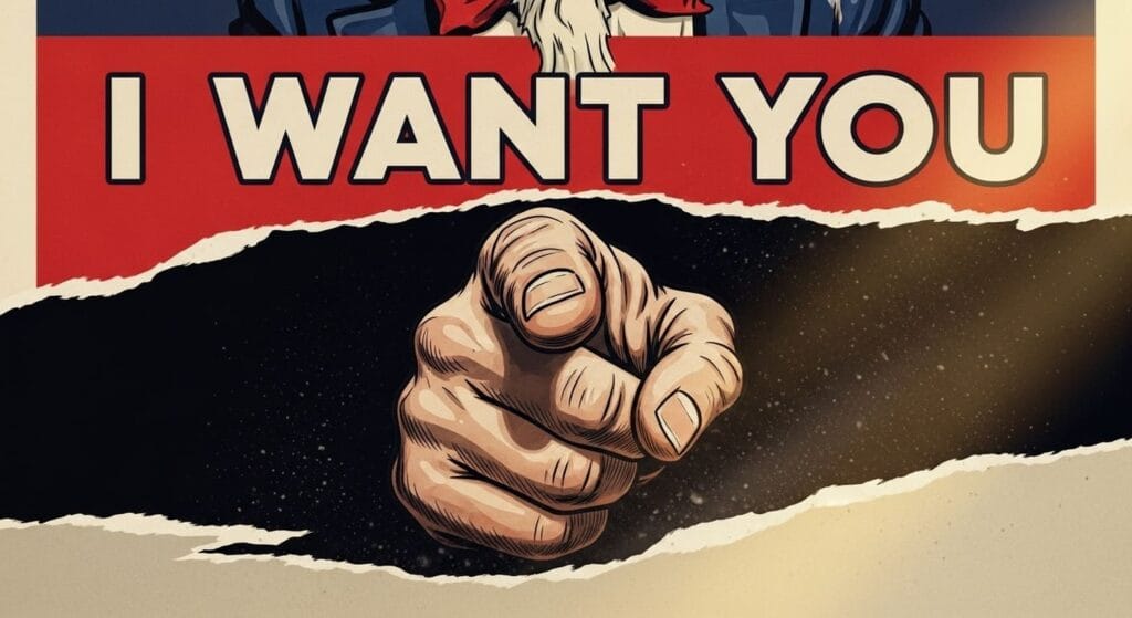 Detalle del póster de reclutamiento del Tío Sam donde se ve su  dedo señalando y el mensaje "I want you"