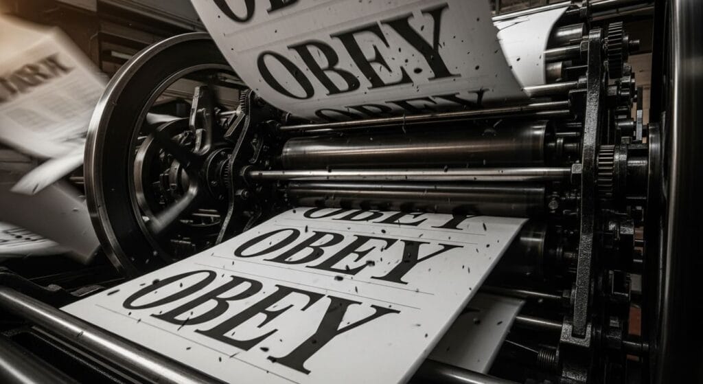 Rotativas de periódico imprimen repetidas veces la palabra "OBEY" (obedecer)