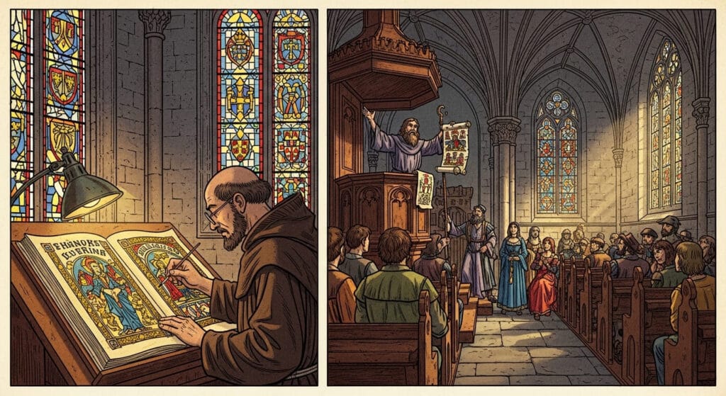 Dos escenas medievales: Monje medieval copiando un manuscrito. Sacerdote predicando en una iglesia