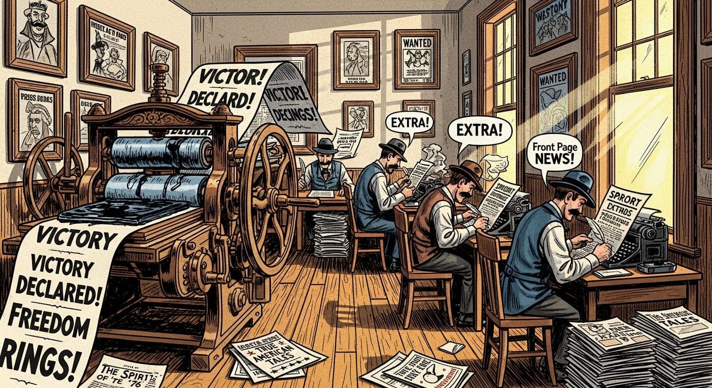 Interior de la redacción de un periódico de principios de siglo XX donde varios periodistas trabajan intensamente mientras las rotativas no paran de funcionar