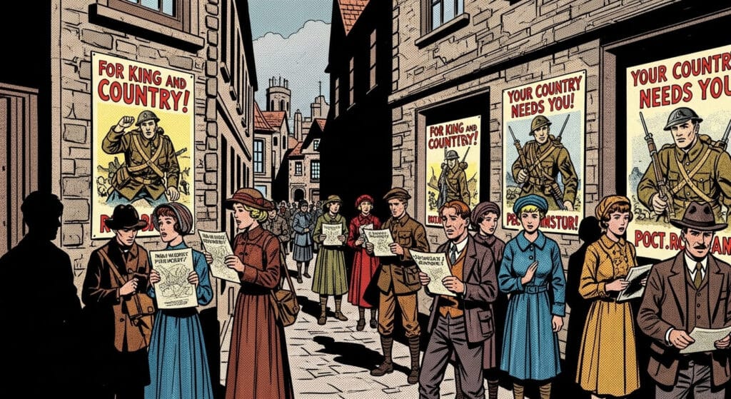 Primera Guerra Mundial: los viandantes están leyendo panfletos en una calle llena de carteles propagandísticos.