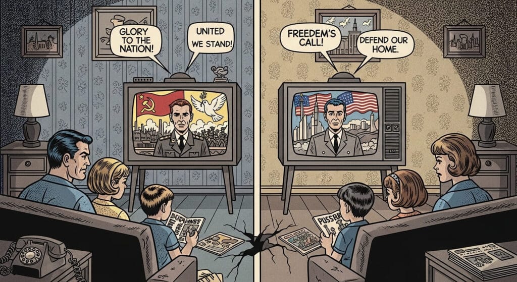 Escena dividida muestra una vivienda en el bloque soviético y otra en el bloque capitalista. En ambos casos una familia ve la televisión en el salón de su casa.