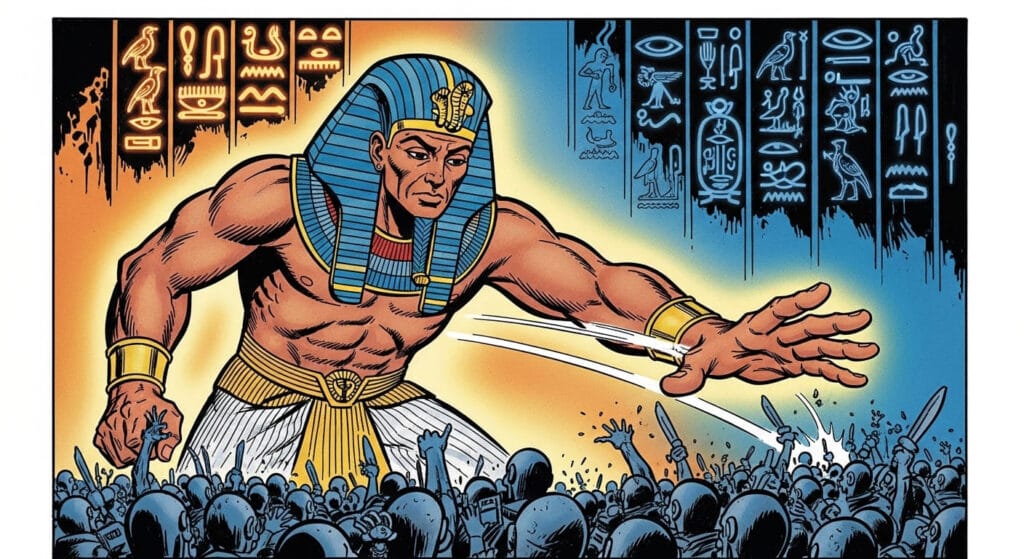 Enorme faraón siendo atacado por pequeños soldados