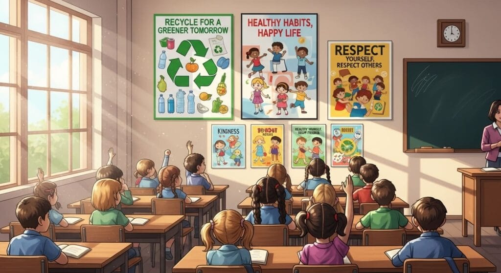 Interior de un aula de Primaria cuya pared está llena de carteles de concienciación medioambiental