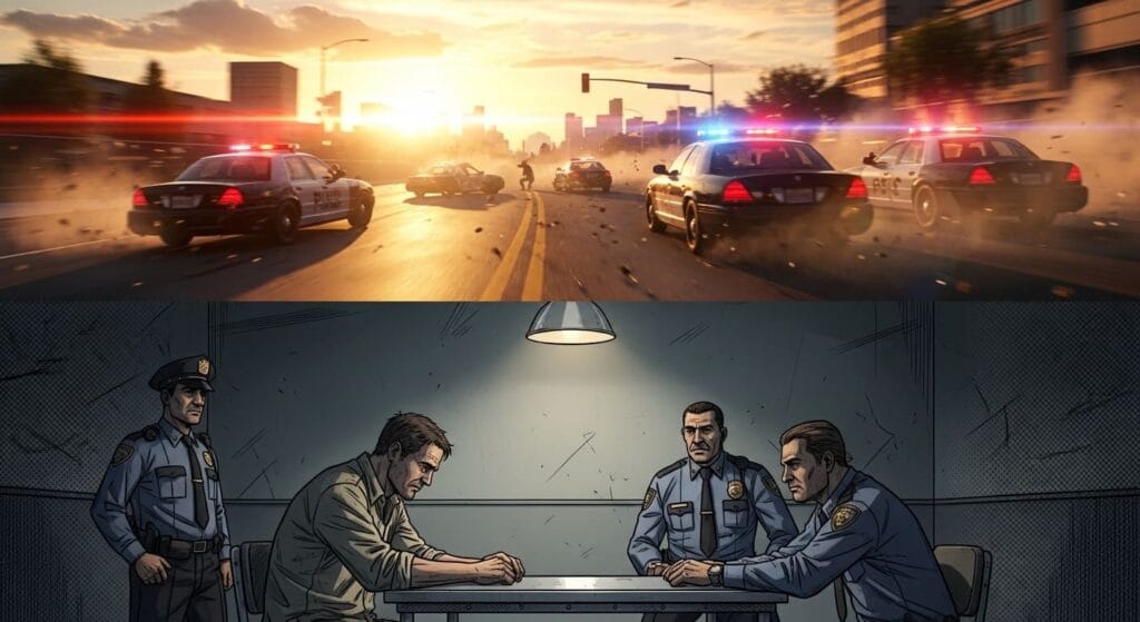 Arriba se muestra una vibrante carrera de coches policiales y abajo un oscuro interrogatorio