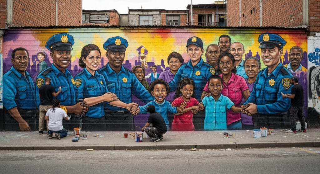 Graffiti enorme que muestra la colaboración entre la policía y los ciudadanos