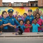 Graffiti enorme que muestra la colaboración entre la policía y los ciudadanos