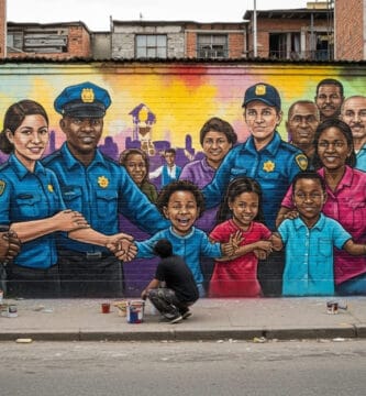 Graffiti enorme que muestra la colaboración entre la policía y los ciudadanos
