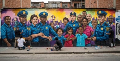 Graffiti enorme que muestra la colaboración entre la policía y los ciudadanos