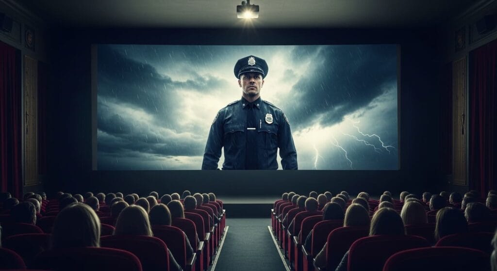 Sala de cine cuya pantalla muestra a la imagen épica de un policía