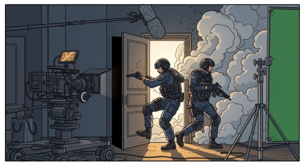 Escena de acción de una serie policíaca grabada en estudio televisivo