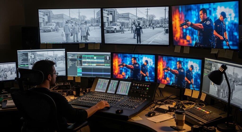 Estudio de grabación donde se están visualizando varios vídeos policiales