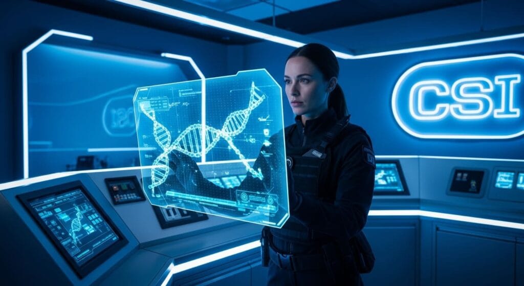 Agente CSI comprobando muestras de ADN en un panel holográfico