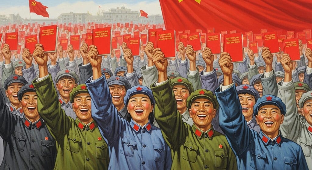 Cartel inspirado en la Revolución Cultural donde numerosos maoístas sostienen ejemplares del Libro Rojo