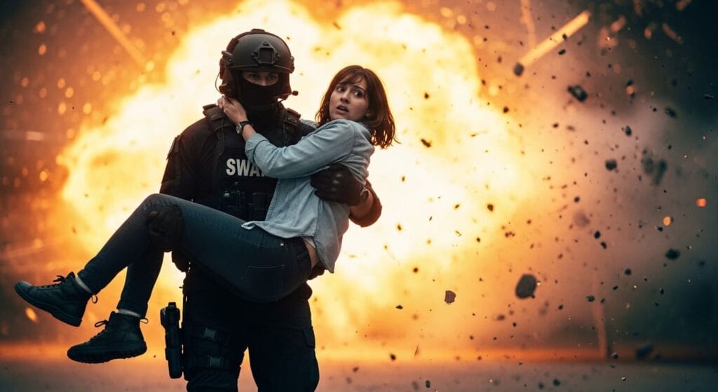 Agente de policía lleva a una joven en brazos para rescatarla de una explosión