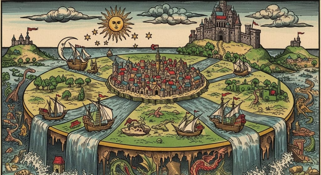 Mapa conceptual de la Tierra plana con barcos cayendo por el borde, ilustrando el mito histórico del terraplanismo en la Edad Media.