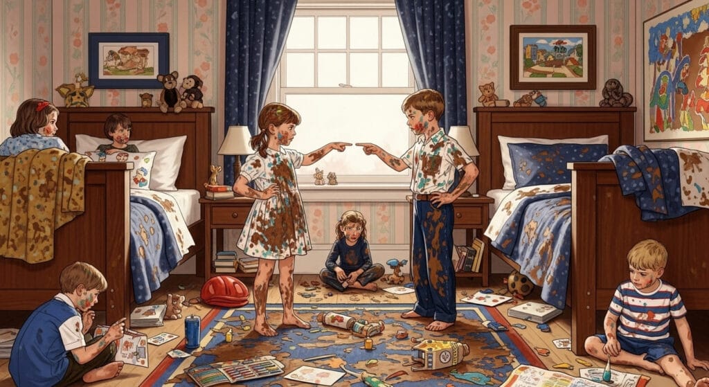 Niños manchados de pintura acusándose mutuamente en una habitación desordenada, ejemplo visual de falacias lógicas Tu Quoque.