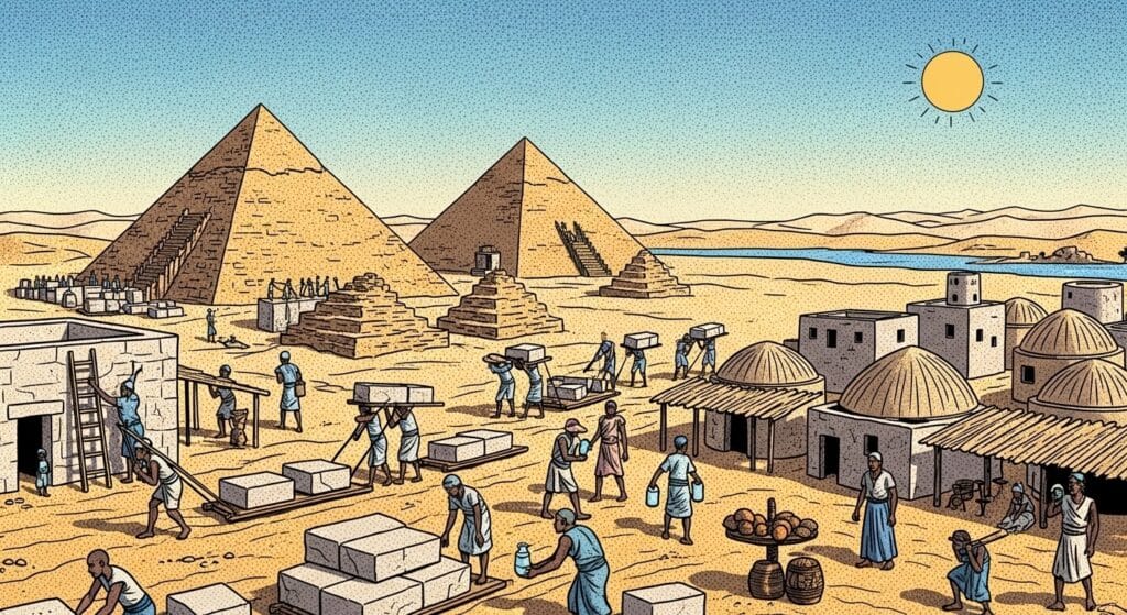 Escena de la construcción de las pirámides de Egipto  sin esclavitud ni violencia