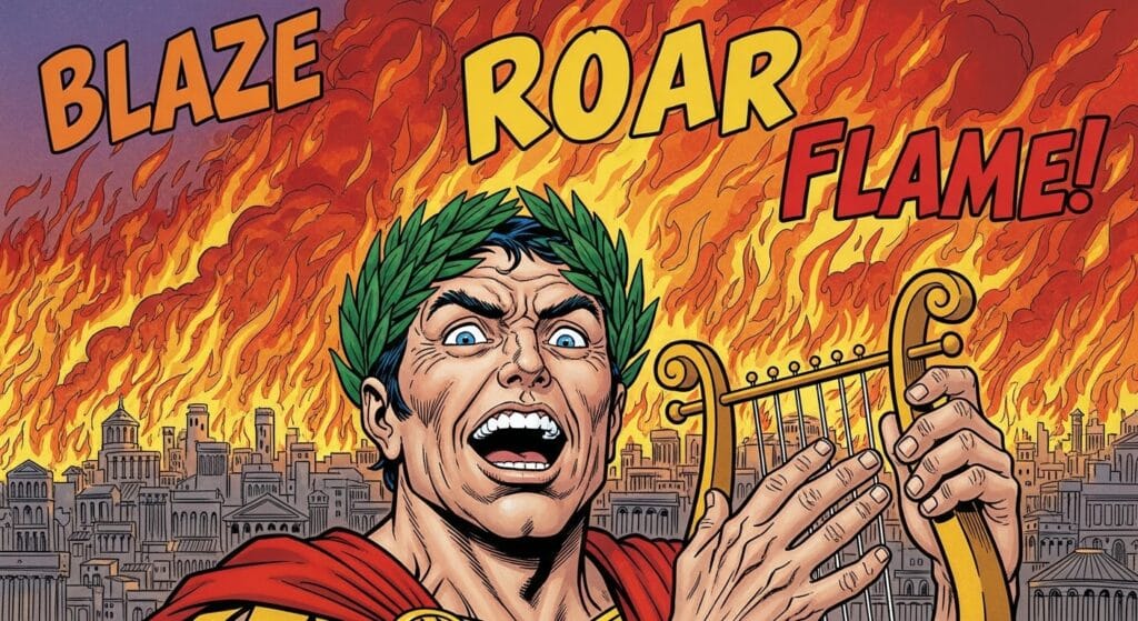Nerón tocando la lira mientras Roma arde, un ejemplo clásico de fake news históricas sobre el gran incendio.
