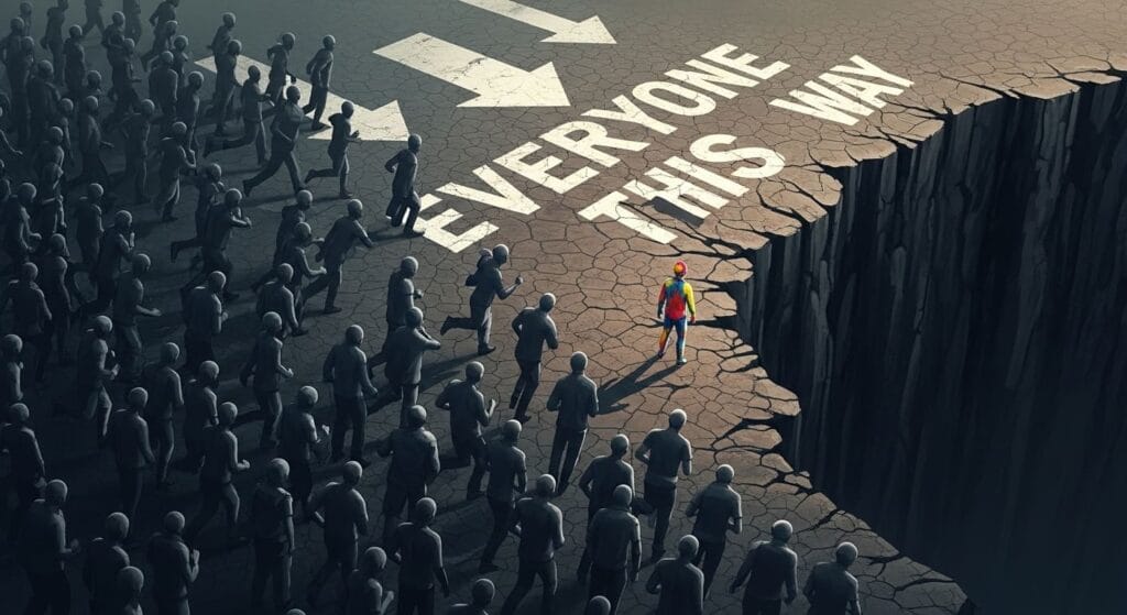 una multitud siguiendo una misma dirección mientras una persona se detiene, simbolizando el efecto arrastre