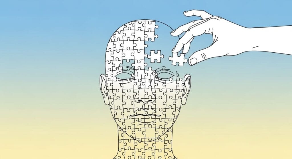 un rostro compuesto por piezas de rompecabezas, representando cómo los sesgos cognitivos influyen en la construcción de nuestra identidad, creencias y forma de interpretar el mundo.