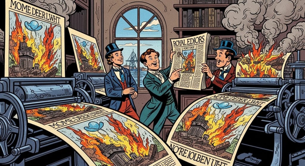 Medios de comunicación antiguos difundiendo propaganda y mentiras históricas a través de la prensa.