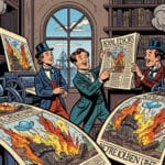 Medios de comunicación antiguos difundiendo propaganda y mentiras históricas a través de la prensa.