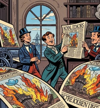 Medios de comunicación antiguos difundiendo propaganda y mentiras históricas a través de la prensa.