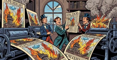 Medios de comunicación antiguos difundiendo propaganda y mentiras históricas a través de la prensa.