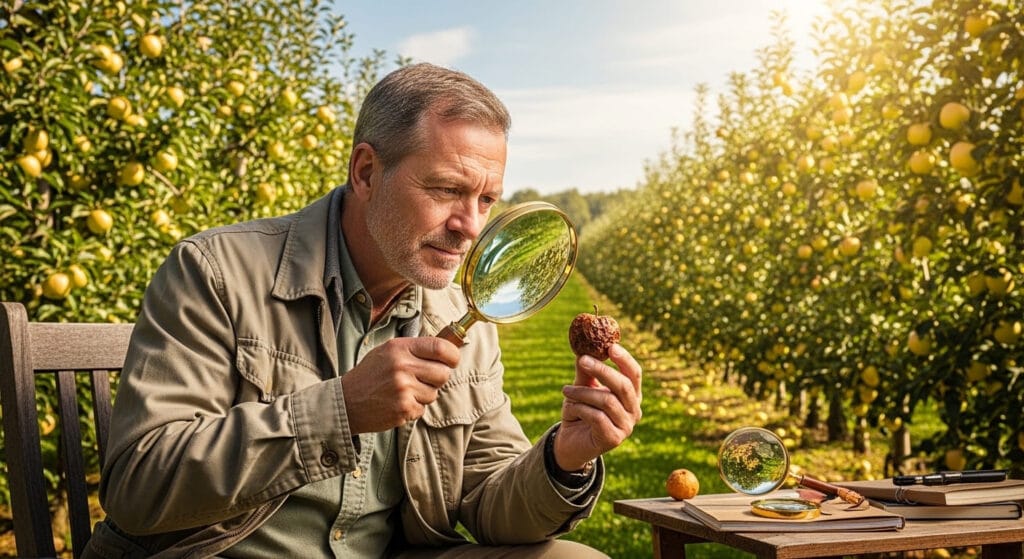 Hombre en un huerto usando una lupa para seleccionar una manzana podrida entre muchas sanas, representando falacias lógicas de generalización apresurada