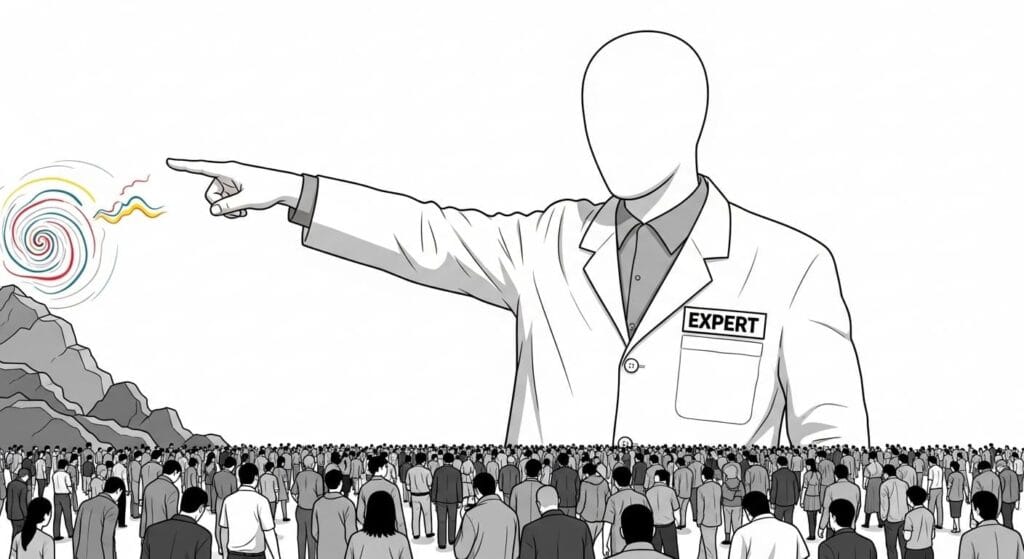 Sesgo de autoridad: un experto enorme señala a una multitud diminuta el camino a seguir