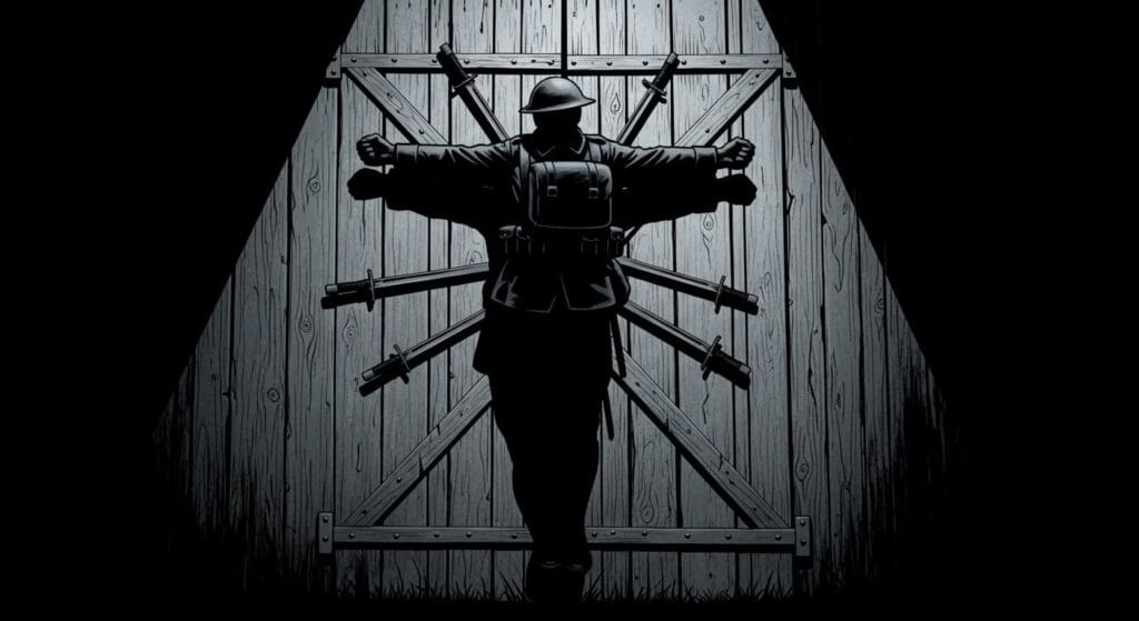 Soldado aliado en una cruz en el campo de batalla, icono de la propaganda británica y las mentiras históricas de la Gran Guerra.