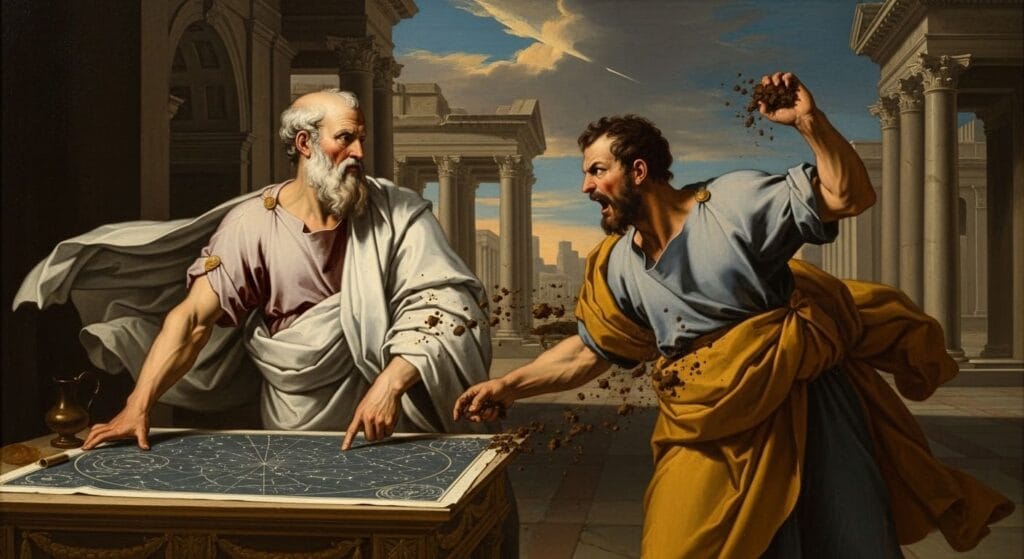 Debate entre filósofos griegos donde uno arroja tierra al otro, representando la falacias lógicas Ad Hominem.