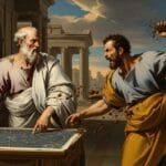 Debate entre filósofos griegos donde uno arroja tierra al otro, representando la falacias lógicas Ad Hominem.