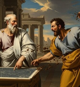 Debate entre filósofos griegos donde uno arroja tierra al otro, representando la falacias lógicas Ad Hominem.