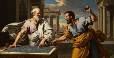 Debate entre filósofos griegos donde uno arroja tierra al otro, representando la falacias lógicas Ad Hominem.