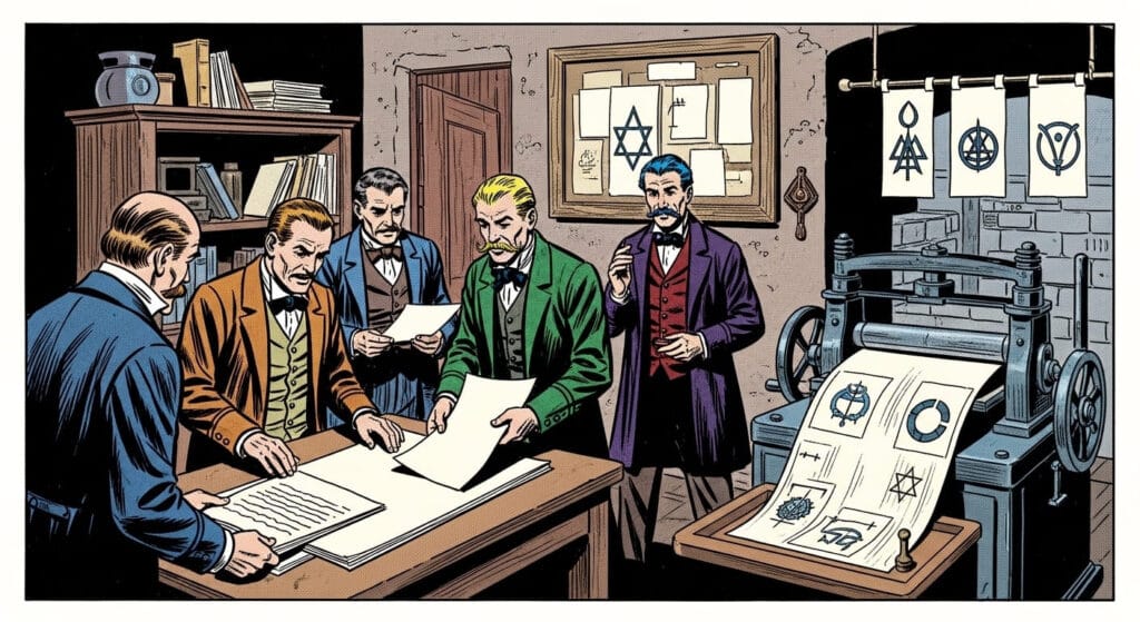 Portada de libro antiguo sobre conspiraciones, representando las mentiras históricas del libelo de los Protocolos.