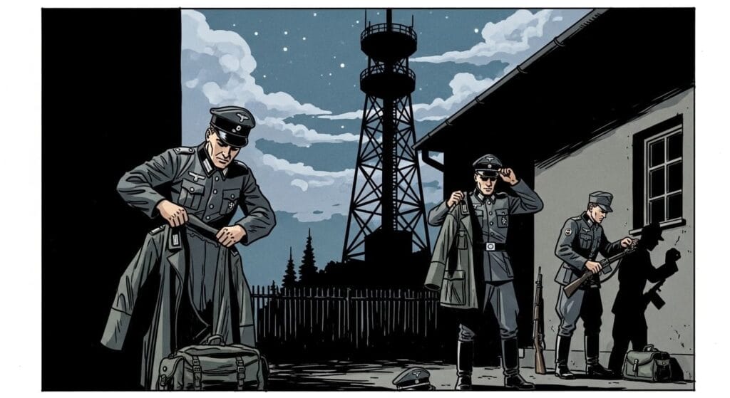 Soldados asaltando una torre de radio, el montaje de mentiras históricas que sirvió de pretexto para la Segunda Guerra Mundial.