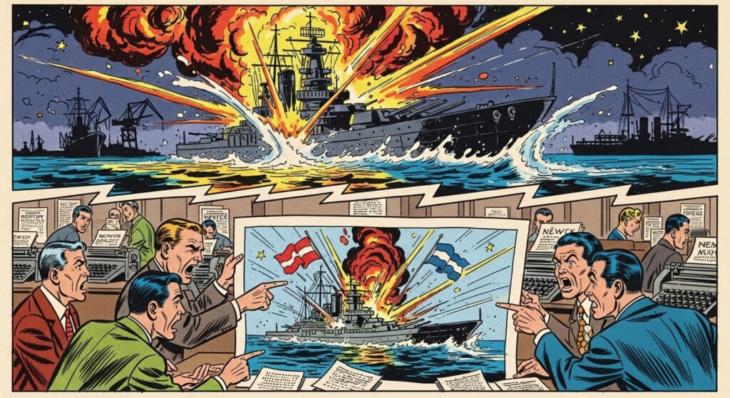 El hundimiento del Maine y periodistas gritando, representando el origen del periodismo amarillista y las noticias falsas modernas.