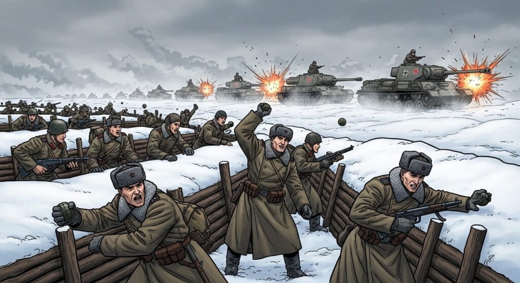 Soldados soviéticos resistiendo ante tanques alemanes, el mito heroico de Panfilov basado en mentiras históricas de guerra.