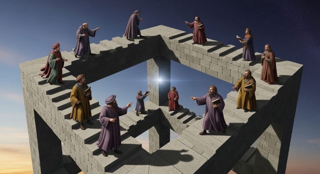 Personas caminando en una escalera imposible de Escher, metáfora de falacias lógicas de razonamiento circular.