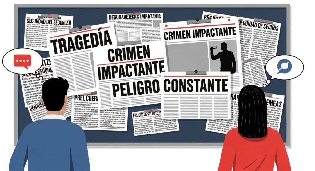 Sesgo de negatividad: dos personas miran un tablón de anuncios lleno de titulares alarmistas