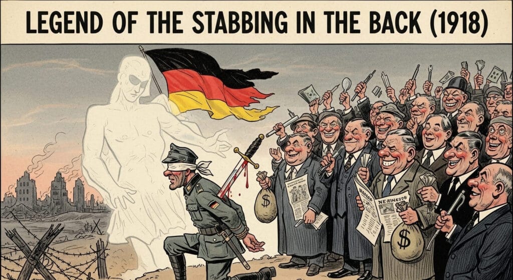 Soldado alemán de rodillas y maniatado  es apuñalado por la espalda. Tras él,  un grupo de civiles ricos celebran su caída 