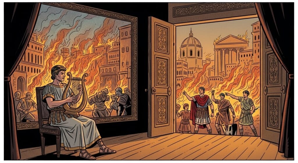 Nerón toca la lira y canta mientras Roma arde ante sus ojos