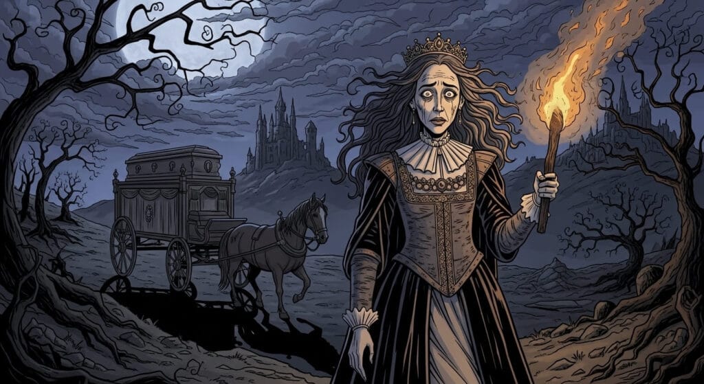 Juana I de Castilla junto al féretro de Felipe el Hermoso, ilustrando las fake news históricas sobre su supuesta locura.