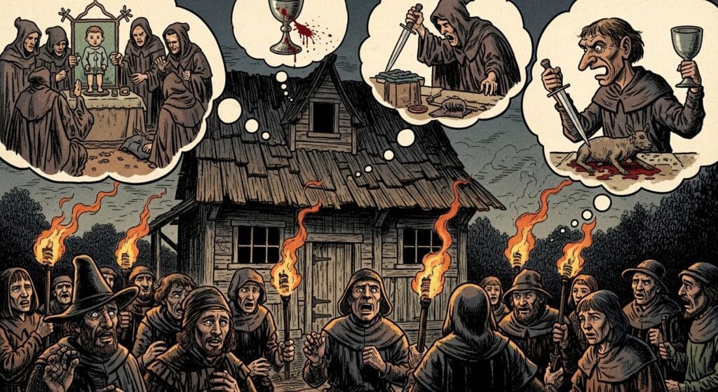 Aldeanos con antorchas imaginando rituales oscuros, representando cómo las fake news históricas generaban pánico y persecuciones.