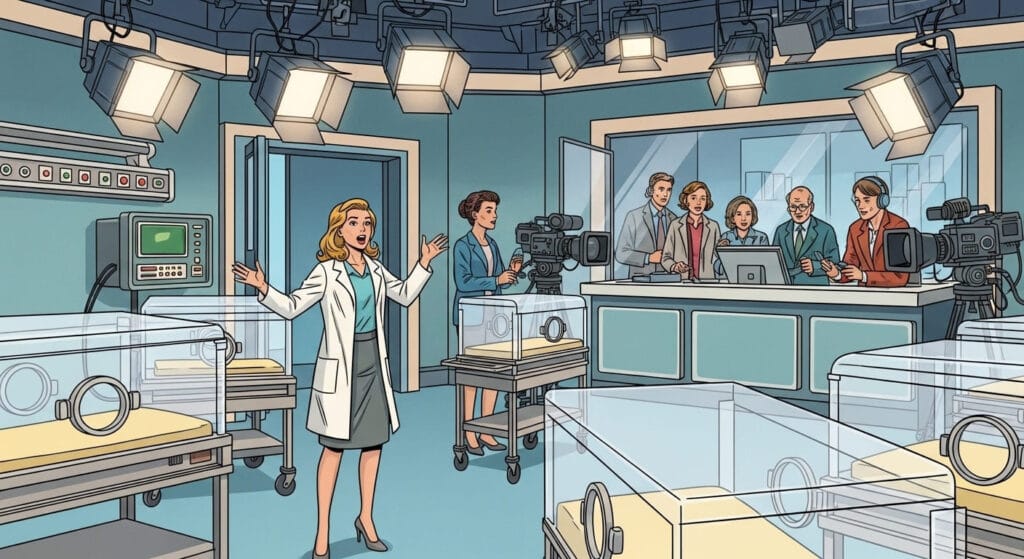 Doctora observa sorprendida  incubadoras vacías en un hospital mientras es grabada por un equipo de televisión