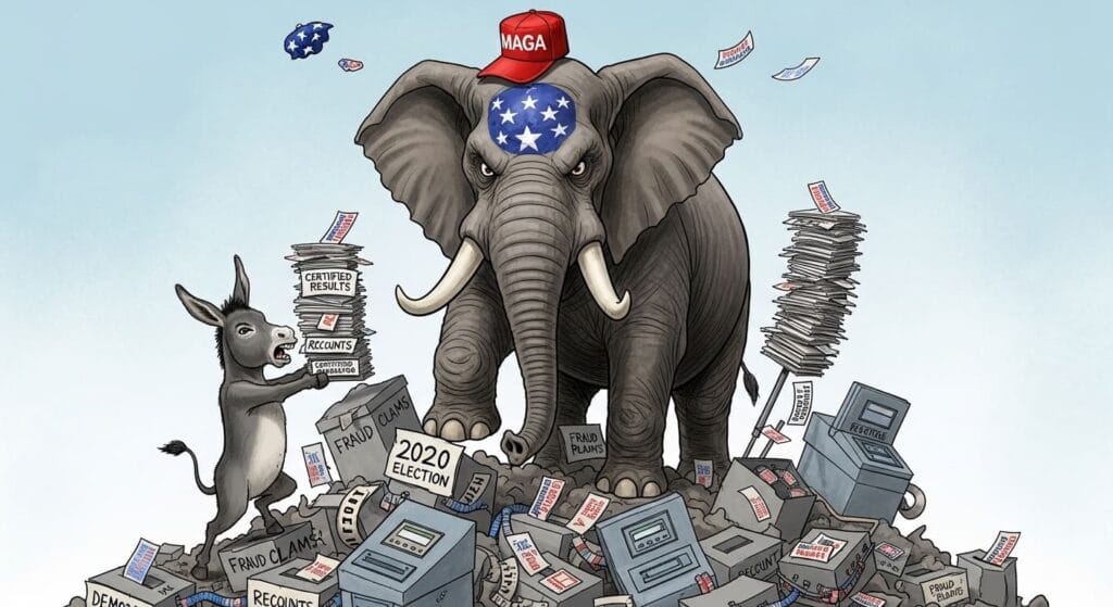 Un elefante  furioso se alza sobre  una pila de votos  y máquinas electorales mientras es recriminado por un asno.